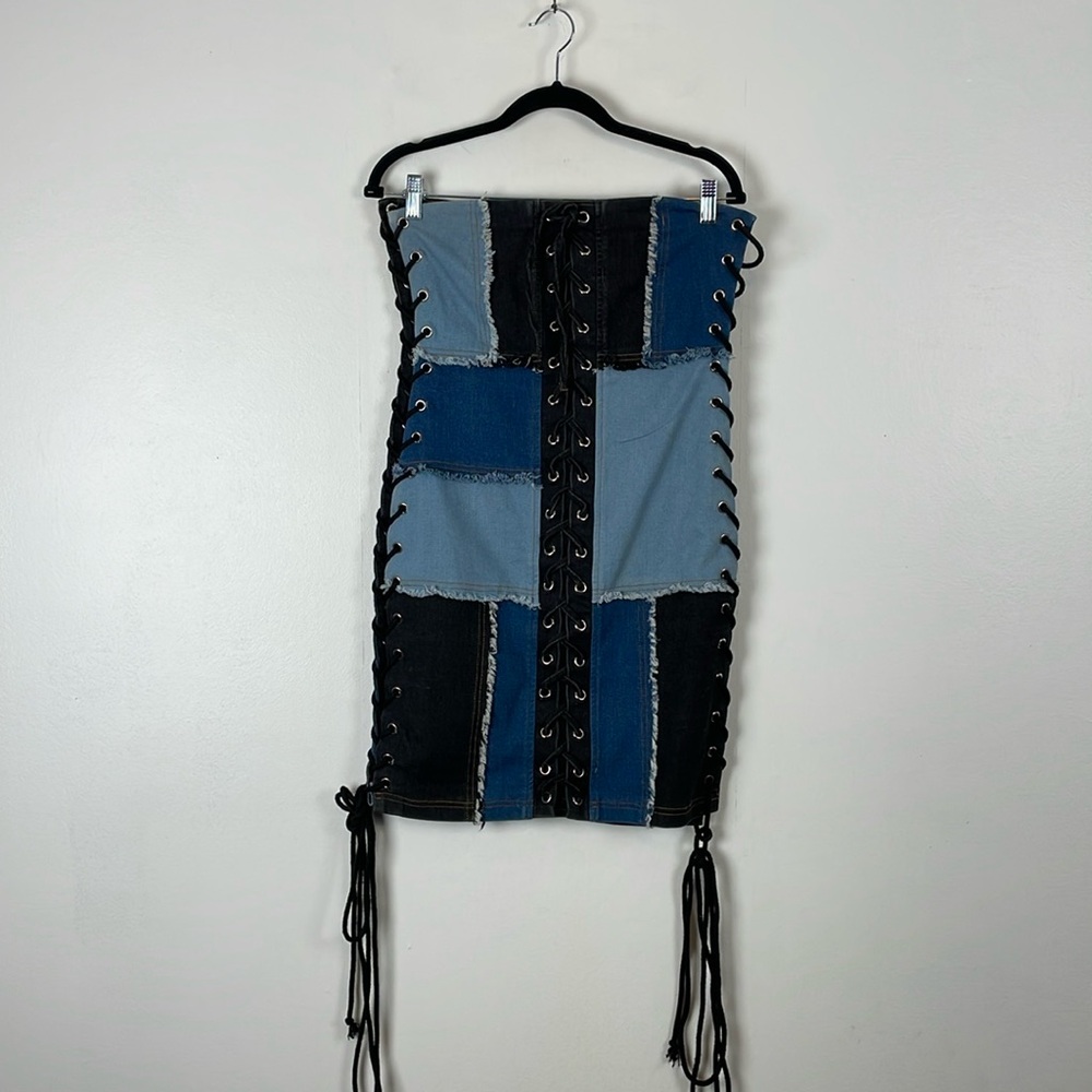 Akira Strapless Patchwork Tube Bodycon Lace Side Closure Women L Denim Dress